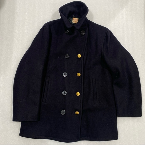 Vintage Men’s Heavy Wool Lined Pea Coat Double Breasted Brass/Plastic Buttons L - Picture 3 of 15